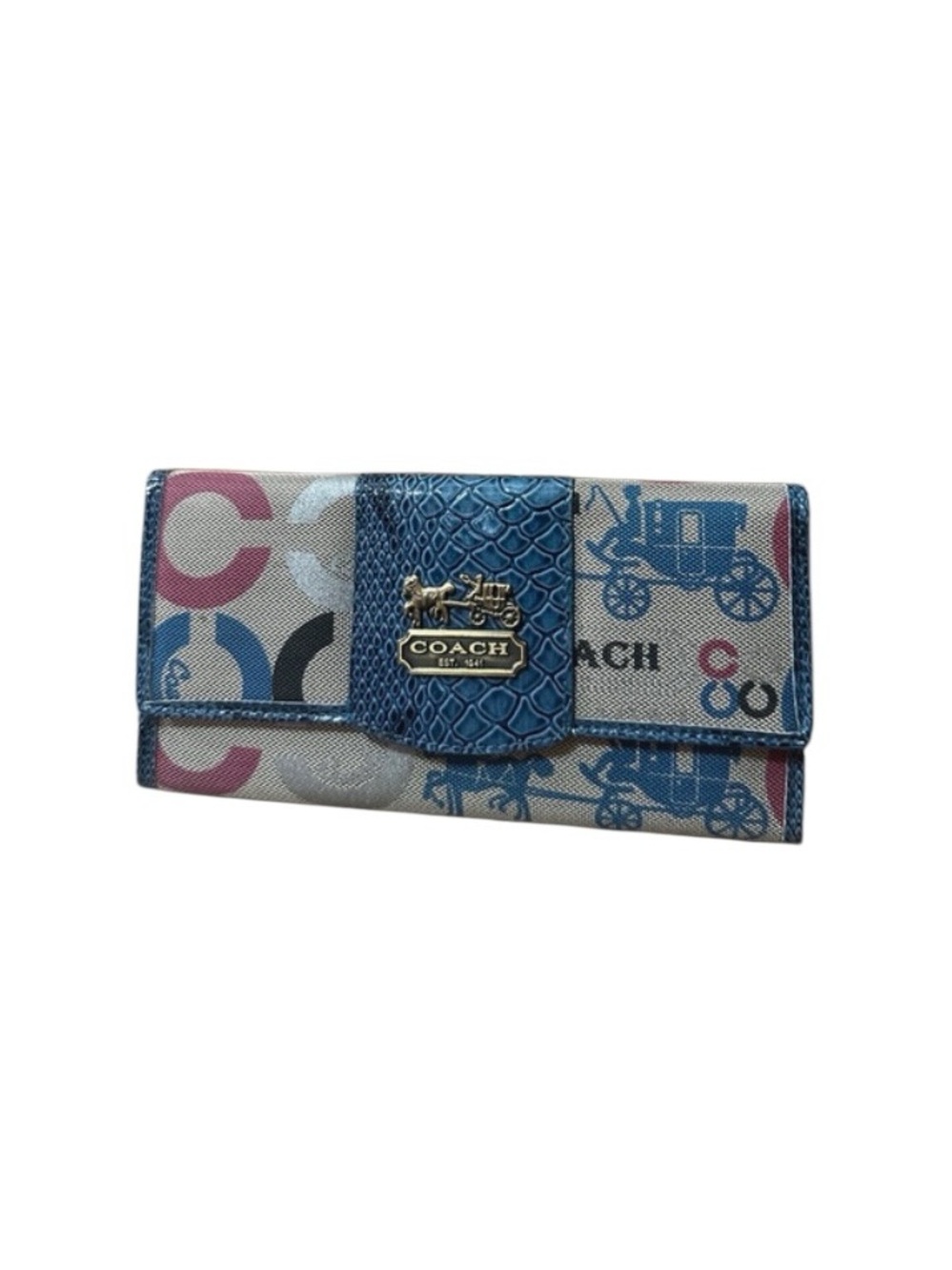 Coach Multicolor Signature Continental Wallet with Blue Trim